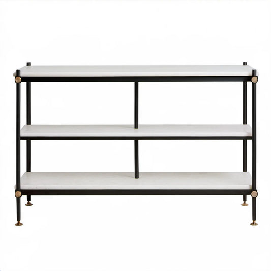Prostokątna szafka RTV z marmuru i stali 150 x 40 x 90 cm, biała/czarna/złota