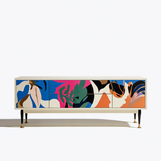 Kremowa szafka RTV z abstrakcyjnym motywem roślinnym, 180 x 40 x 75 cm