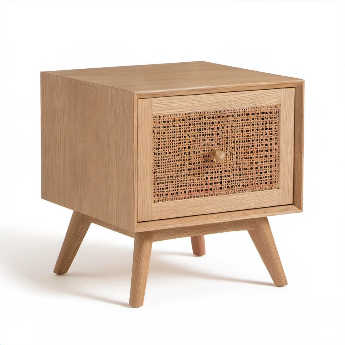Szafka nocna z frontem rattanowym, jasny dąb i naturalny beż, 40 x 35 x 55 cm
